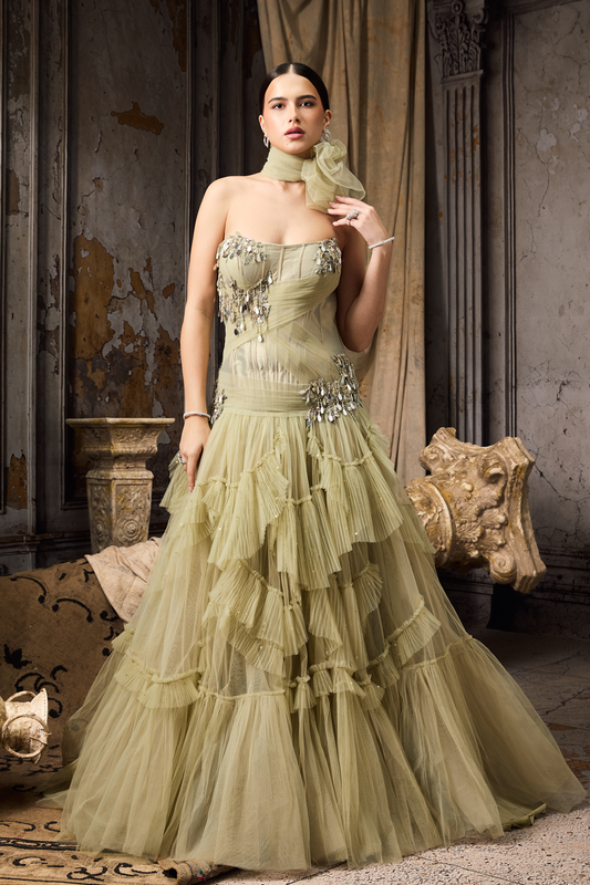 Green Pleated Corset Fit Gown