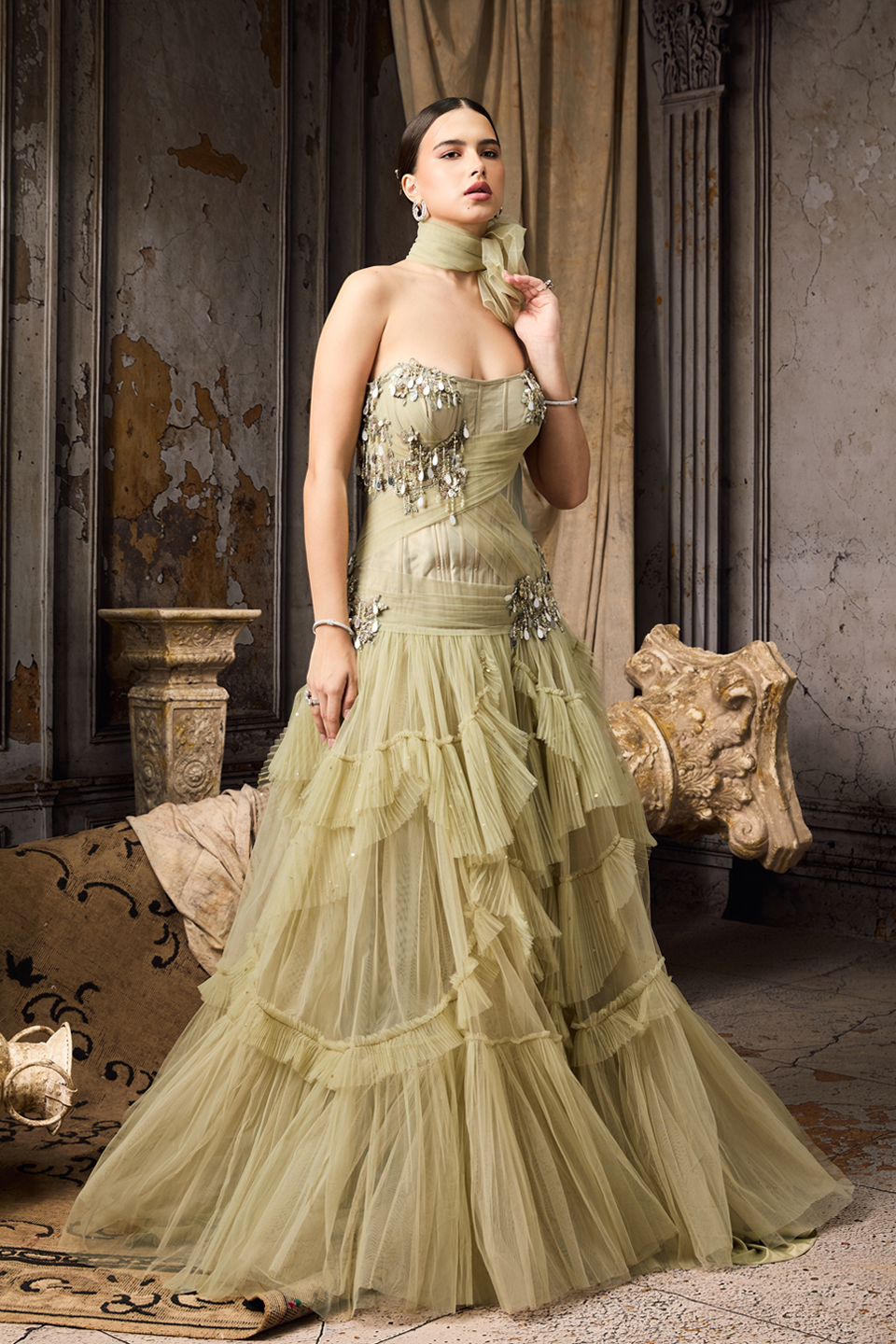 Green Pleated Corset Fit Gown
