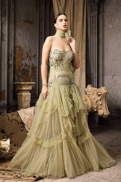 Green Pleated Corset Fit Gown