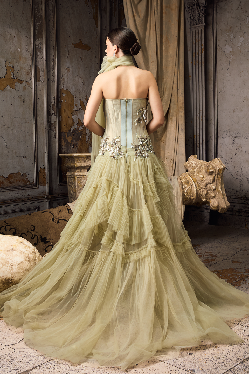 Green Pleated Corset Fit Gown