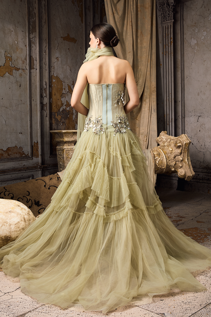 Green Pleated Corset Fit Gown