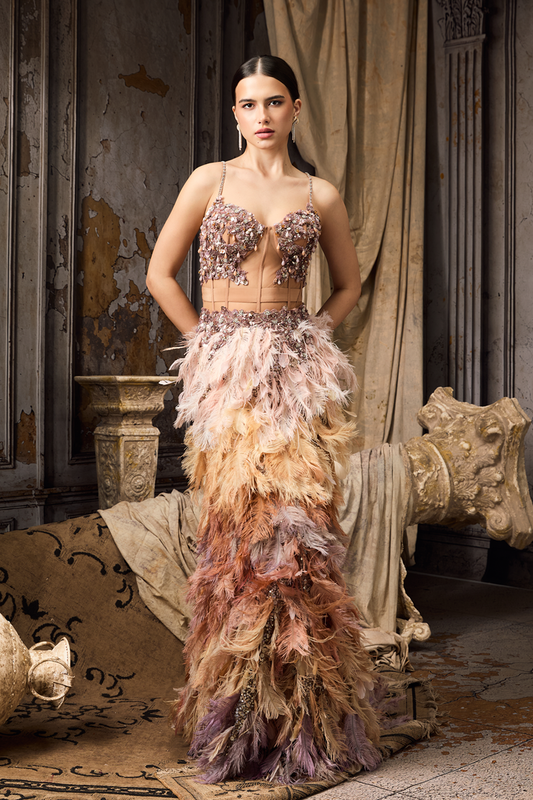 Multicolour Feather Corset Fit Lehenga Set