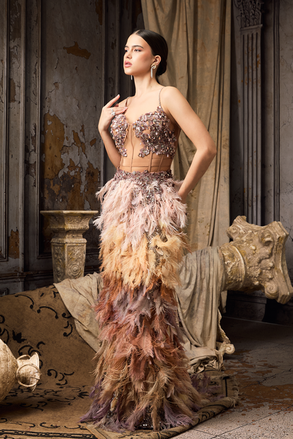 Multicolour Feather Corset Fit Lehenga Set