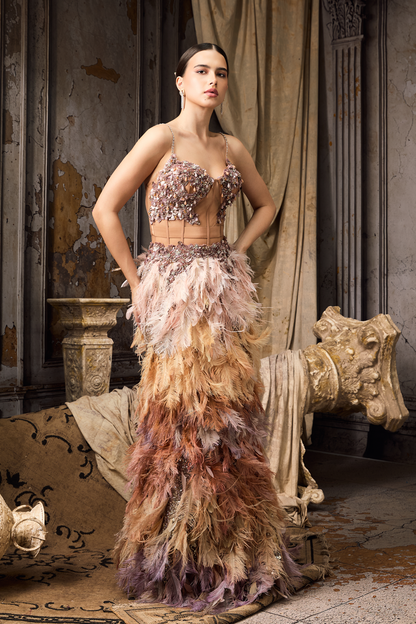 Multicolour Feather Corset Fit Lehenga Set