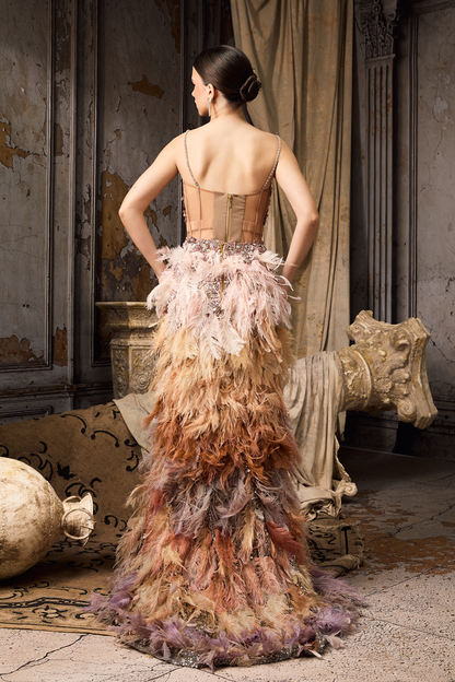 Multicolour Feather Corset Fit Lehenga Set