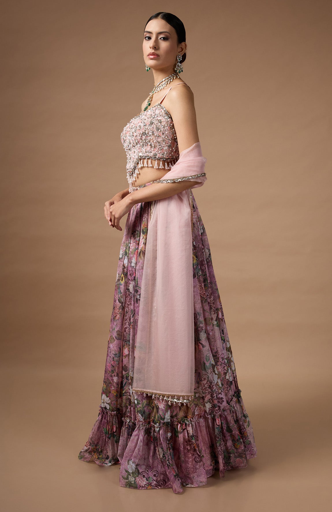 Pink Embriodered blouse with floral printed lehenga