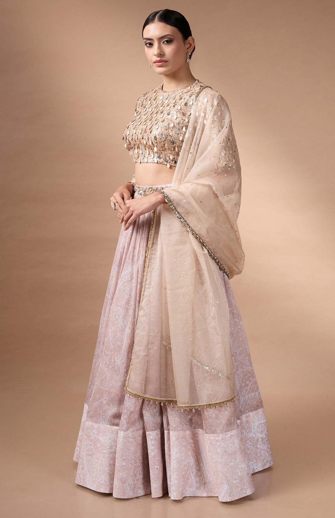Beige embriodered blouse with printed lehenga