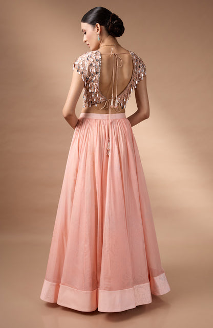 Orange embriodered blouse with printed lehenga