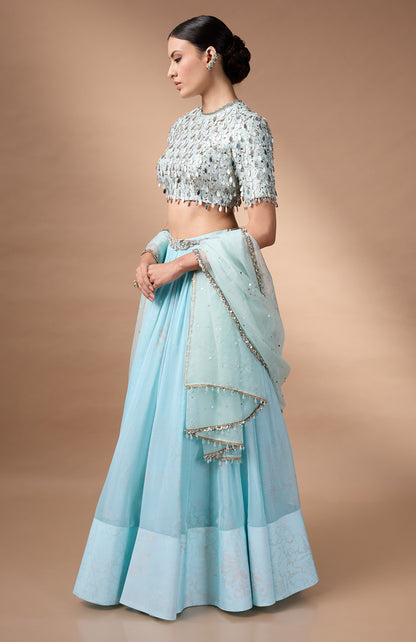 Blue embriodered blouse with printed lehenga