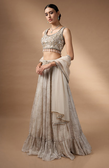 Embriodred Blouse with Light Grey printed lehenga