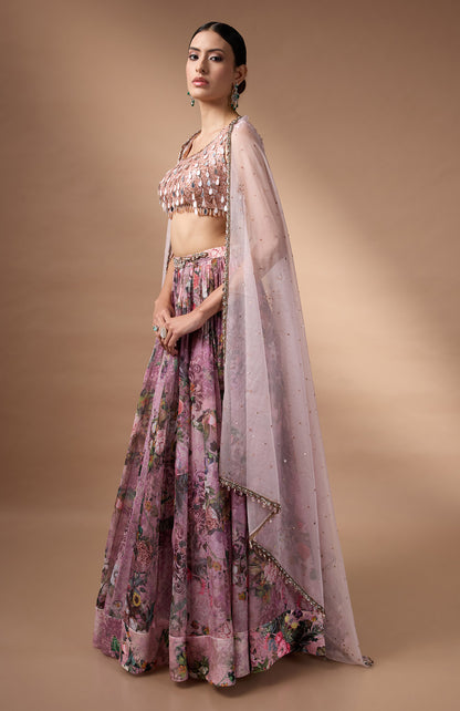 Pink Sleevless Blouse with printed lehenga