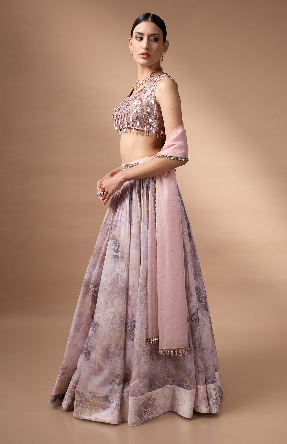 Ivory Sleevless Blouse with printed lehenga