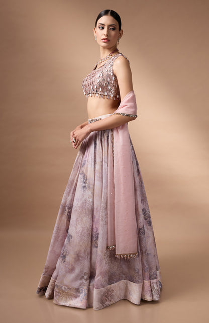 Ivory Sleevless Blouse with printed lehenga