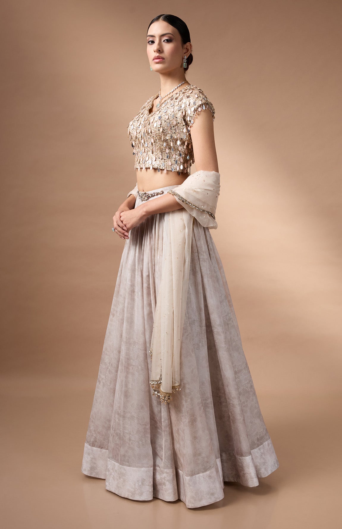 Ivory embriodered blouse with printed lehenga