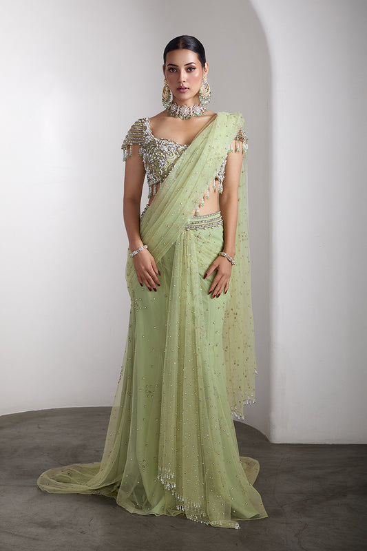 Green drapped saree set