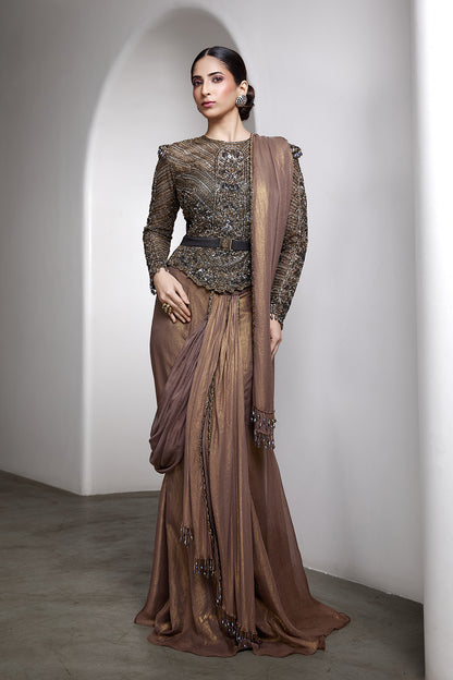 Nude drapped saree set