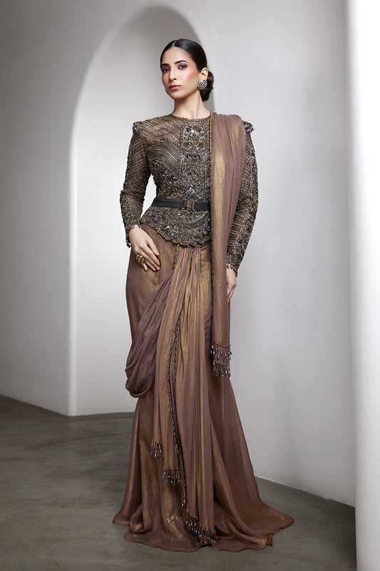 Nude drapped saree set