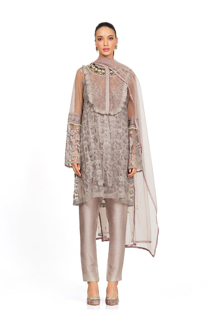 Ivory embellished and frill tunic set