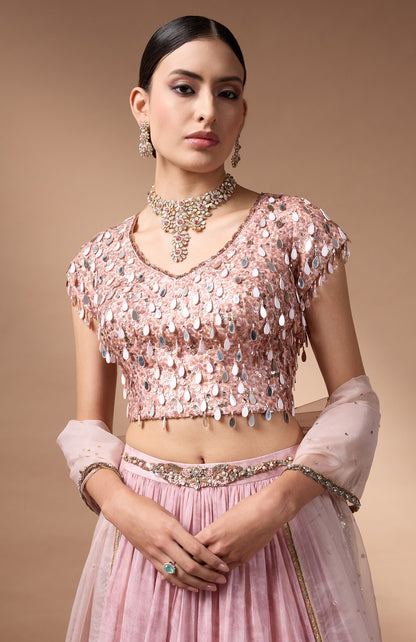 Pink embriodered blouse with printed lehenga