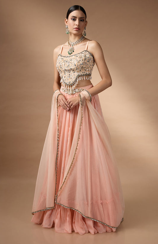 Orange Embriodered blouse with floral printed lehenga