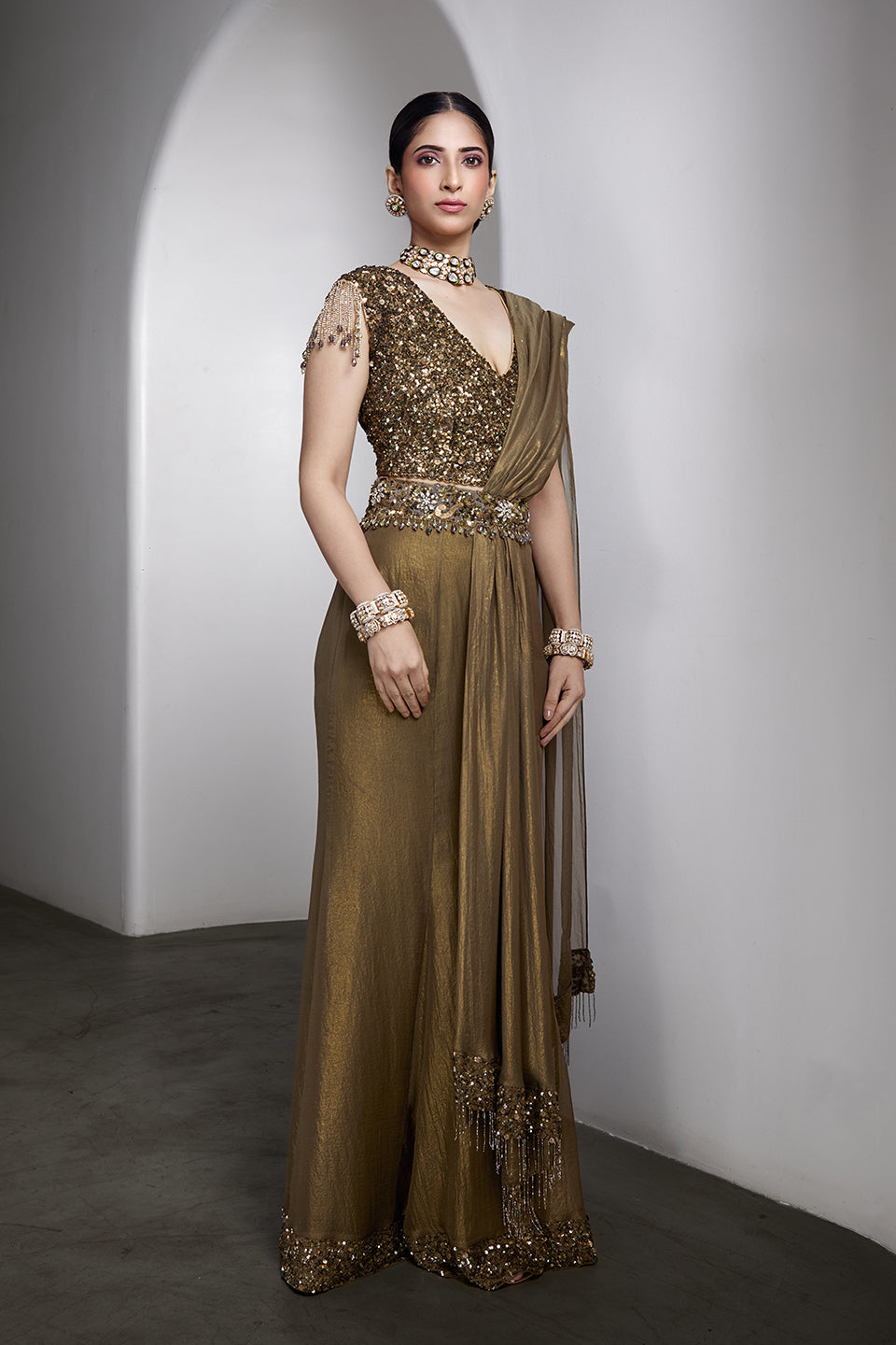 Olive-gold drapped saree set
