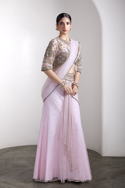 Pink drapped saree set