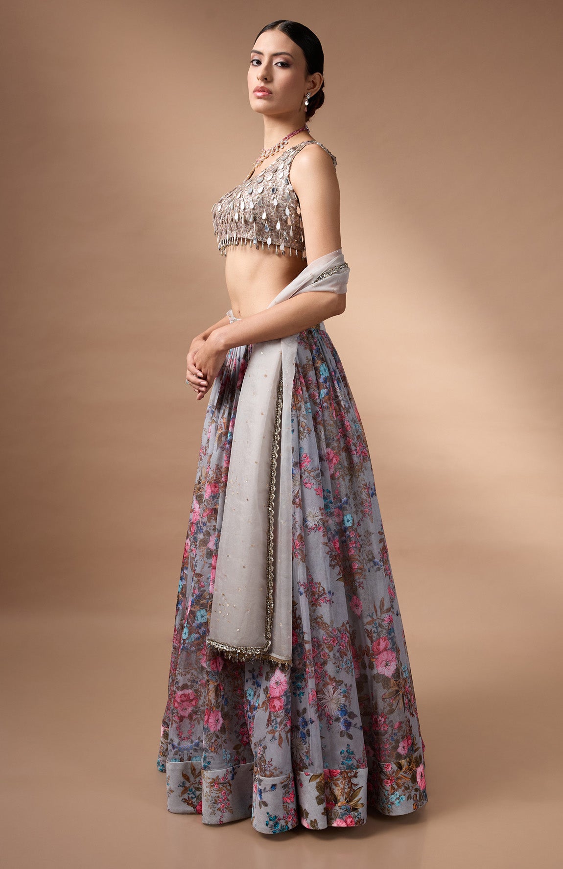 Grey Sleevless Blouse with printed lehenga