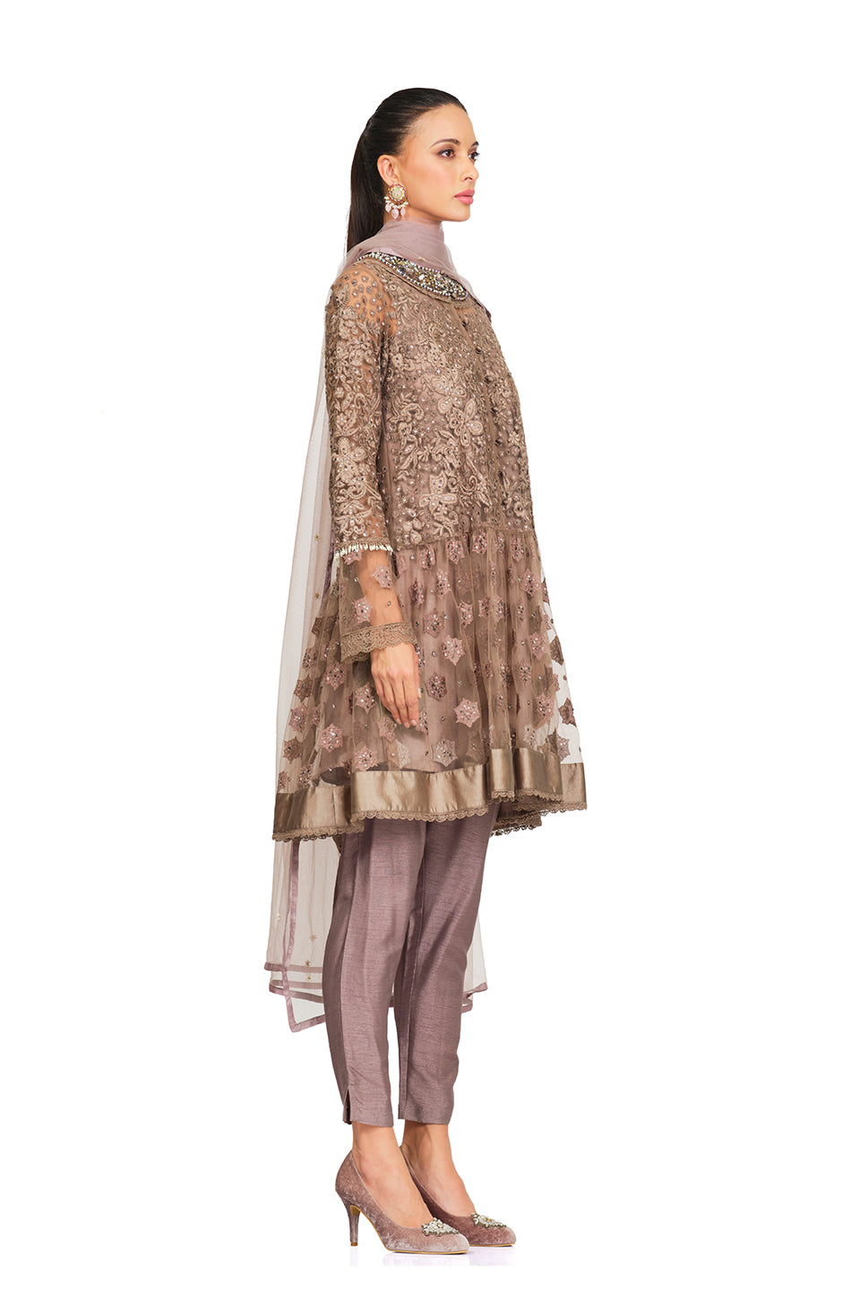 Taupe embellished tunic set