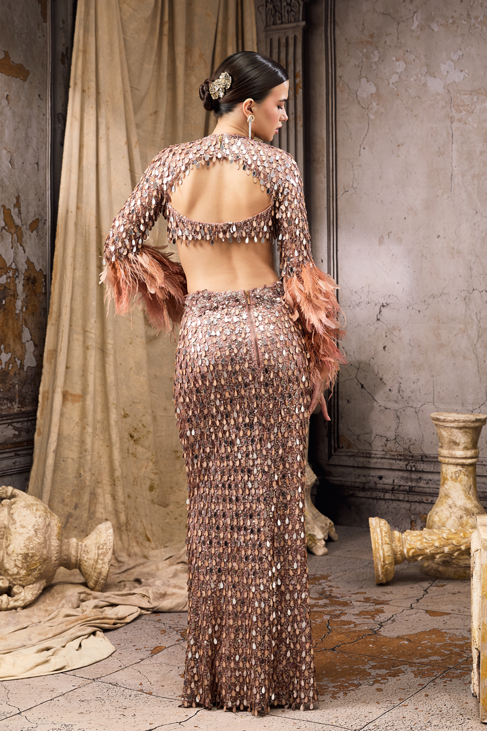 Nude Shimmering Tassel & Feather Embellished Top And Skirt Set