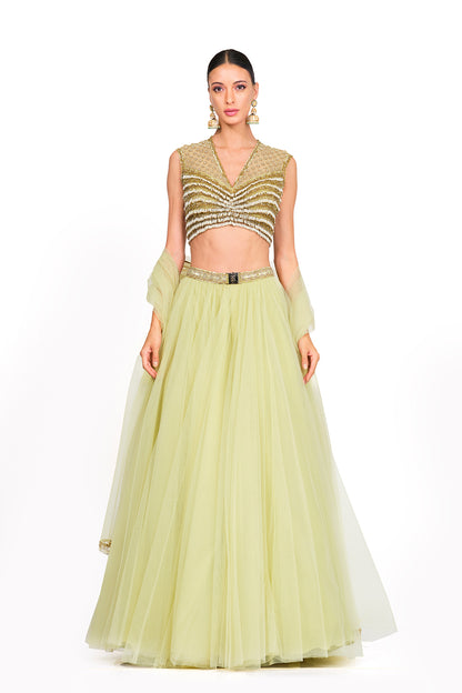 Tulle Lehenga with Tassel V-neck Blouse