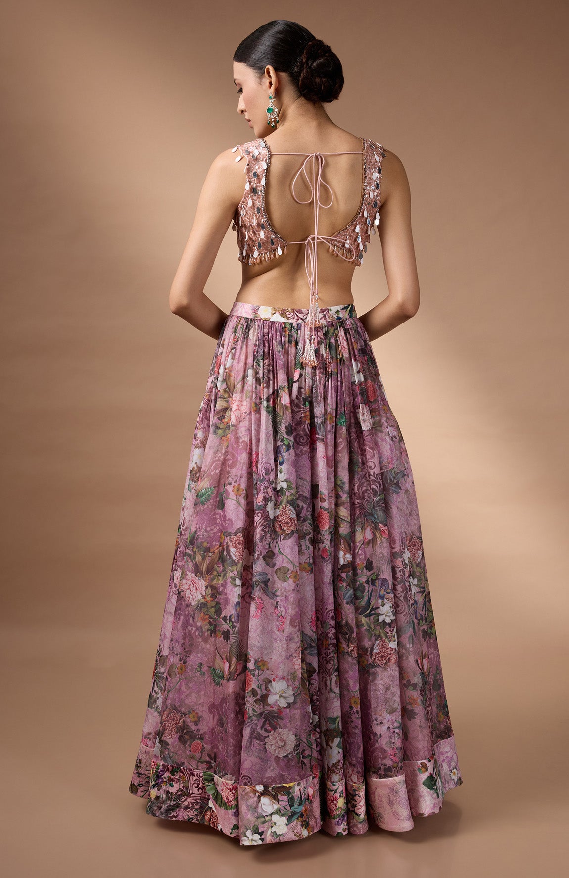 Pink Sleevless Blouse with printed lehenga
