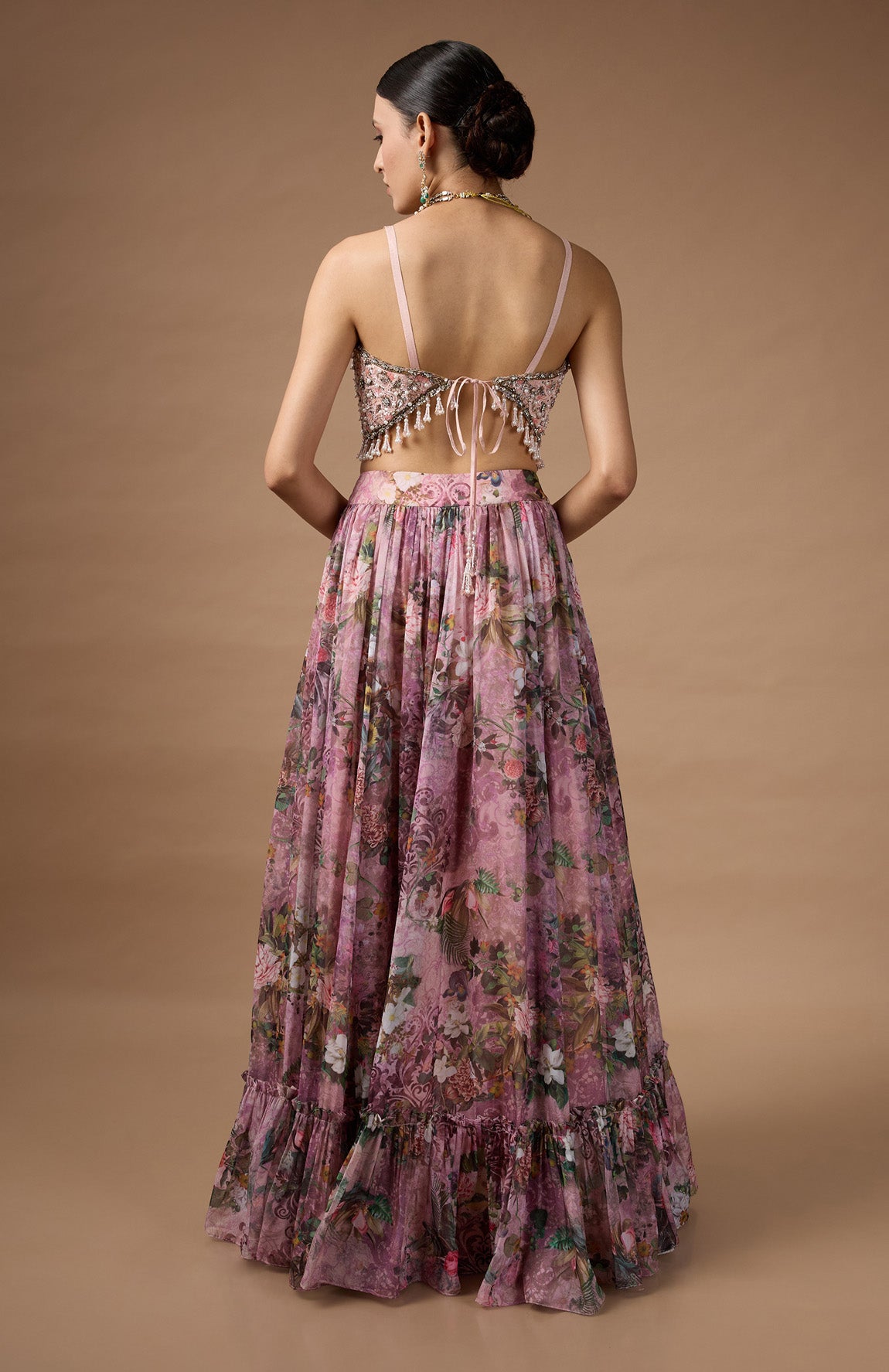 Pink Embriodered blouse with floral printed lehenga