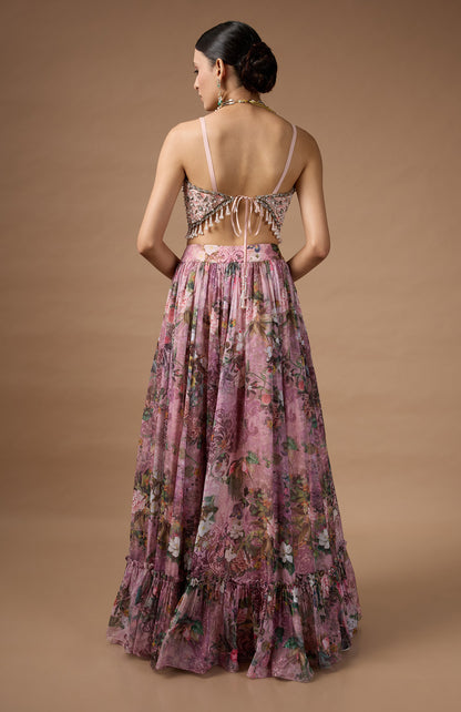 Pink Embriodered blouse with floral printed lehenga