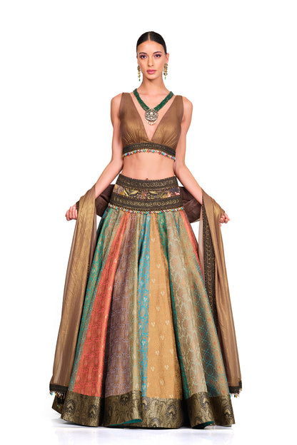 Brocade Lehenga with Organza V neck Blouse