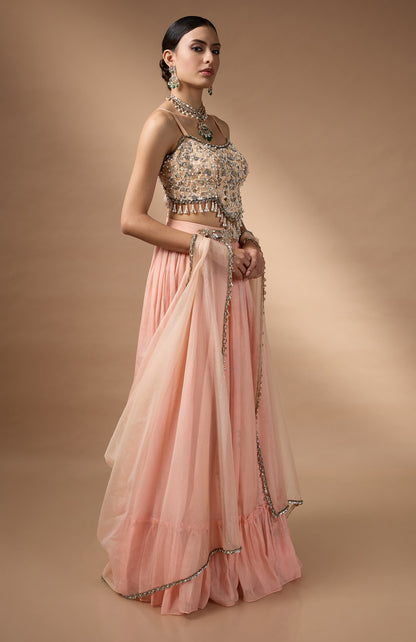 Orange Embriodered blouse with floral printed lehenga