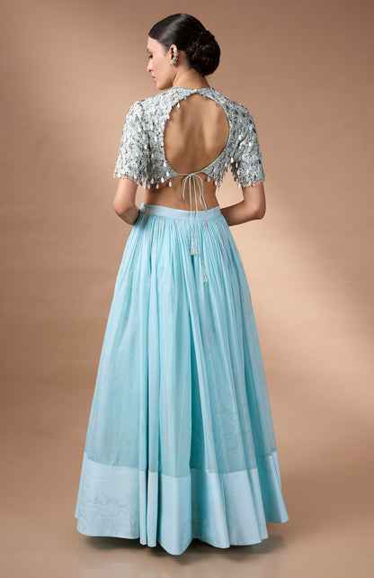 Blue embriodered blouse with printed lehenga