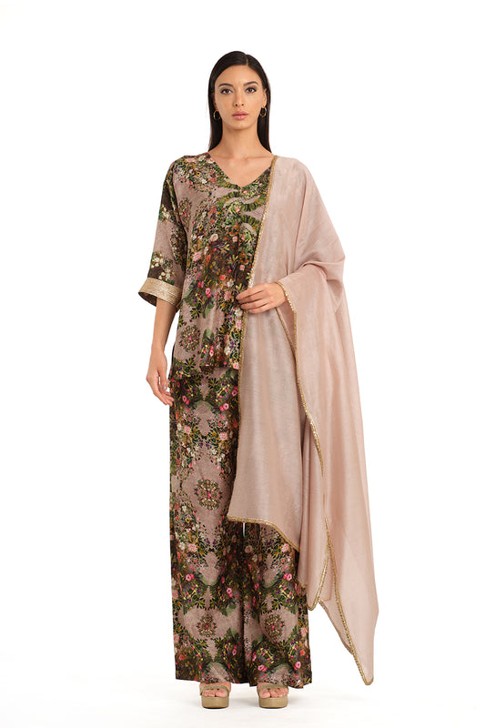 Botanical Print raw silk tunic set