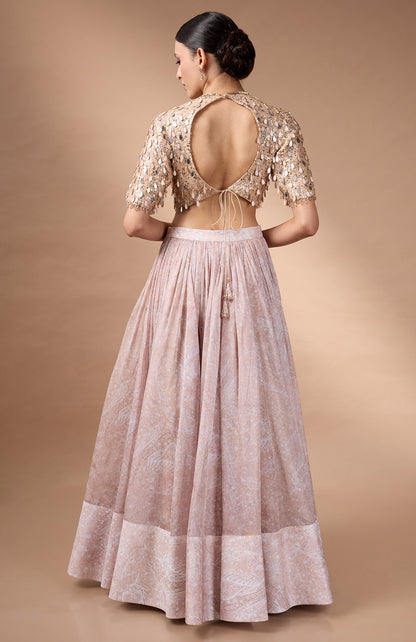 Beige embriodered blouse with printed lehenga