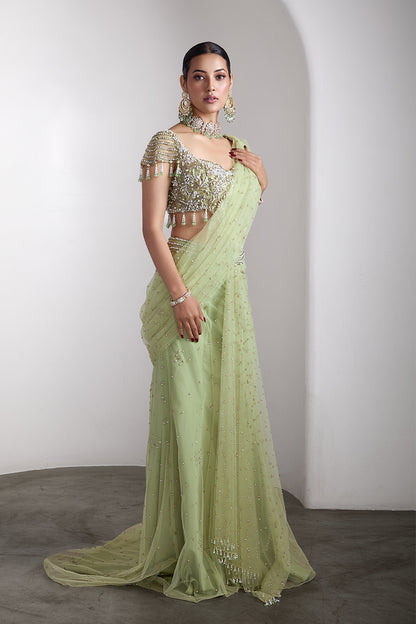 Green drapped saree set