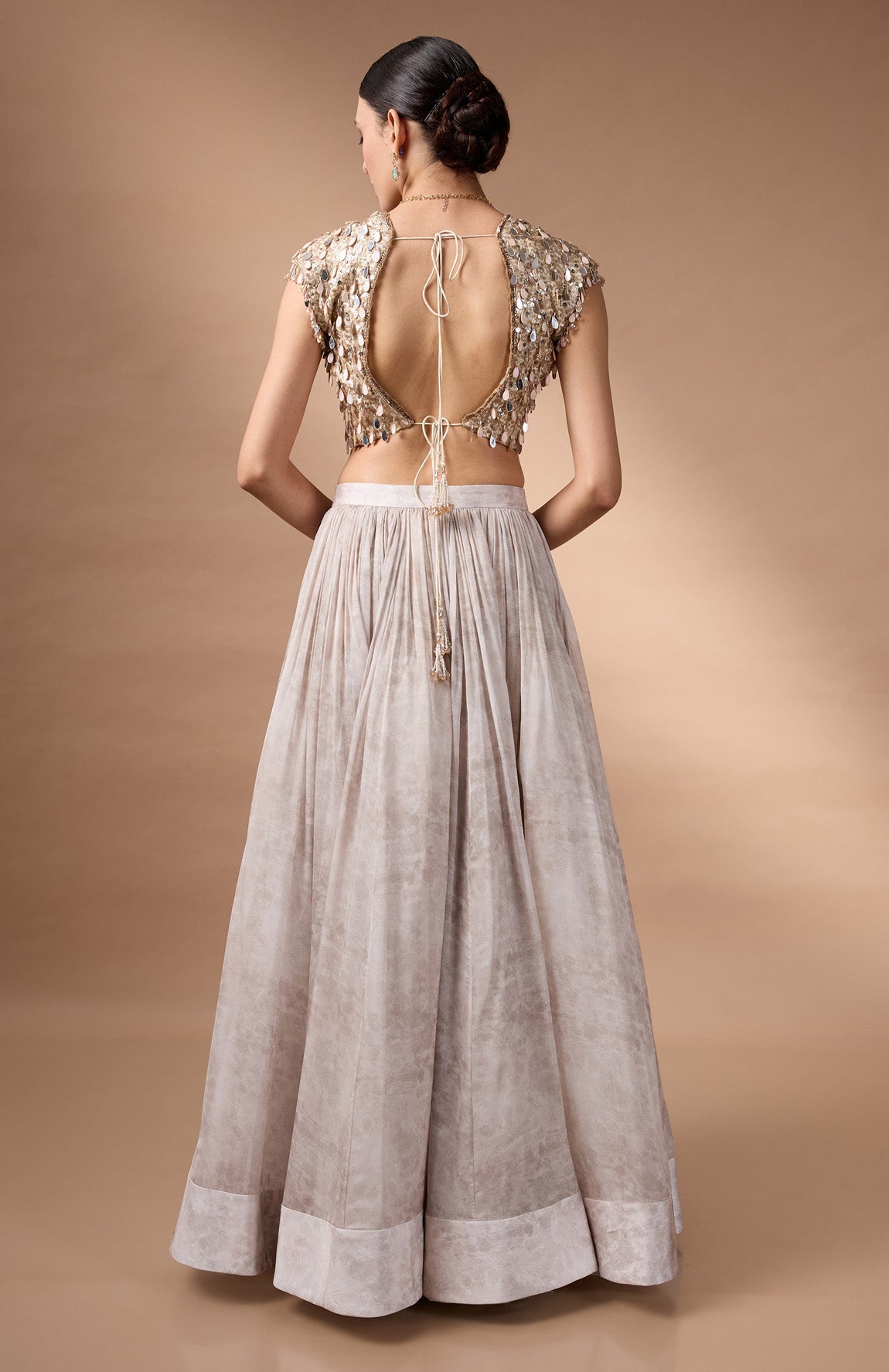 Ivory embriodered blouse with printed lehenga