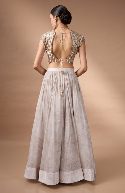 Ivory embriodered blouse with printed lehenga