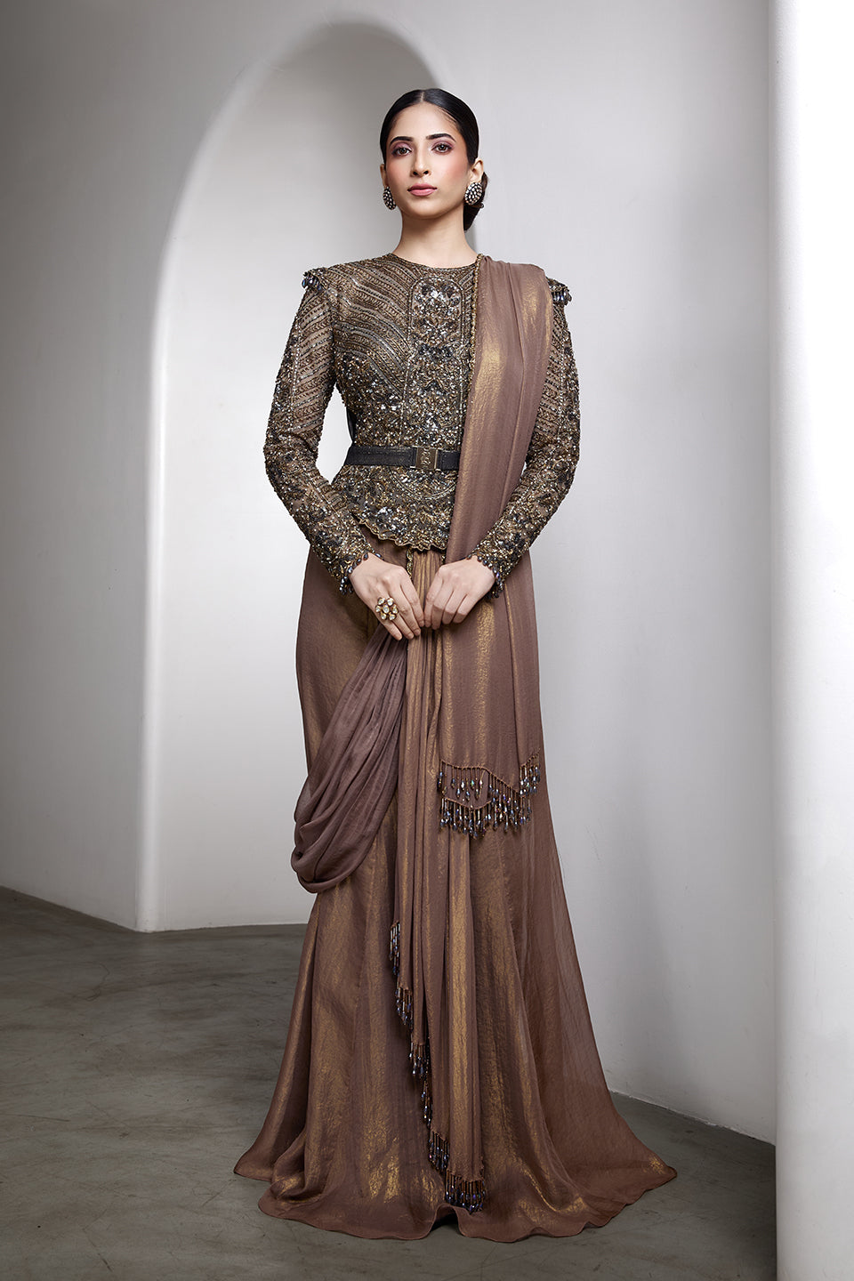 Nude drapped saree set