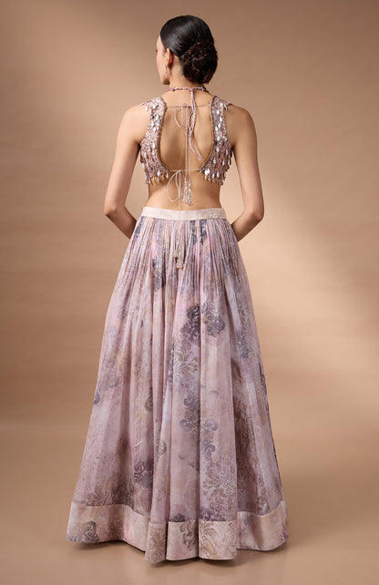 Ivory Sleevless Blouse with printed lehenga