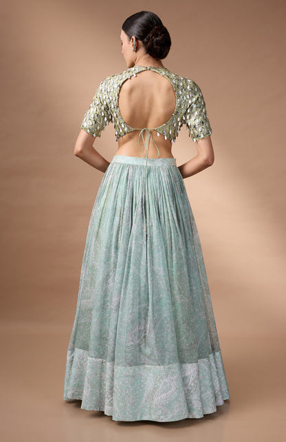 Green embriodered blouse with printed lehenga