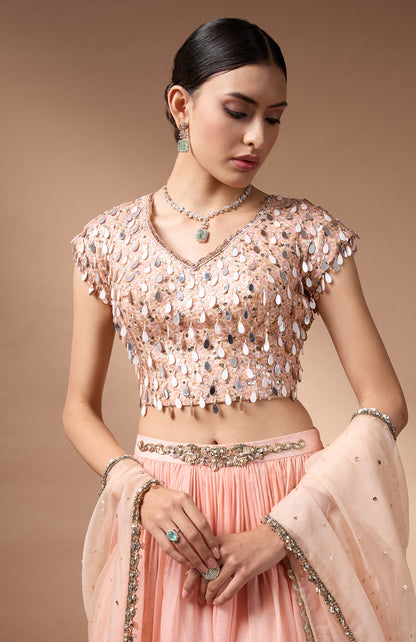 Orange embriodered blouse with printed lehenga