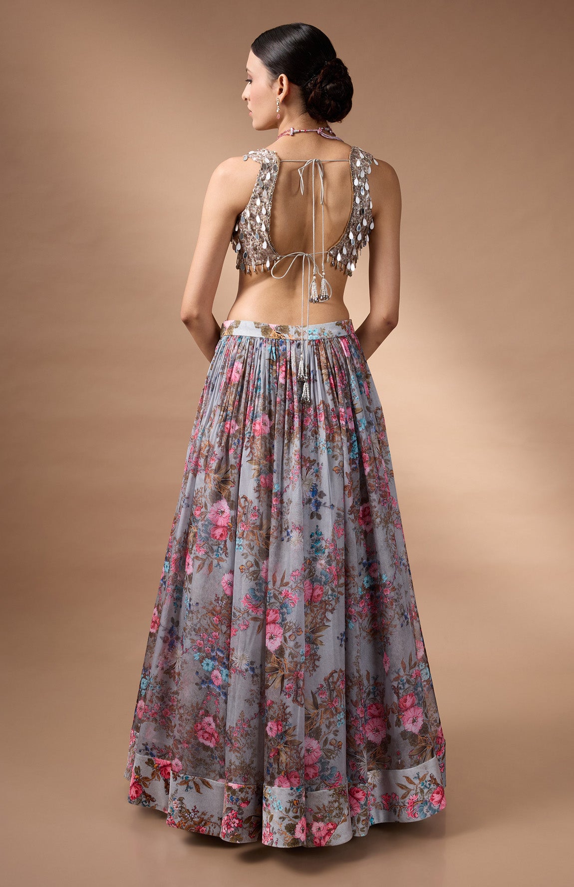 Grey Sleevless Blouse with printed lehenga