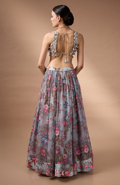 Grey Sleevless Blouse with printed lehenga
