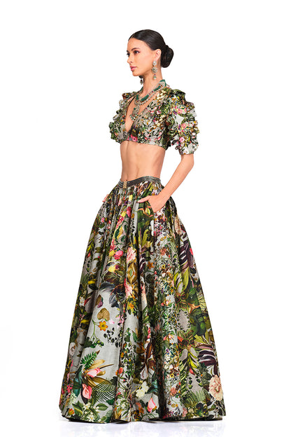 Printed Ruffle Blouse & Lehenga
