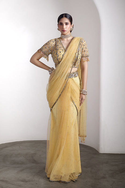 Yellow drapped saree set