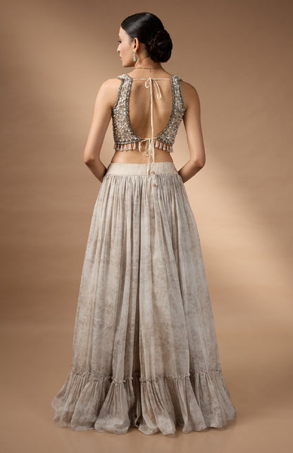 Embriodred Blouse with Light Grey printed lehenga